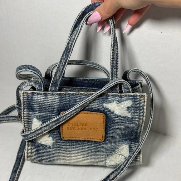 Telfar Small Denim Shopper Distressed Bag Mini Crossbody